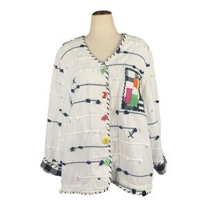VTG 80s White Jacket Blazer Colortul Bold Hand Woven Artsy Embellished XL